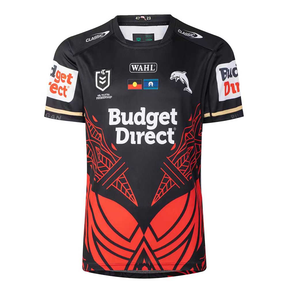 Dolphins Mens 2026 Indigenous Rugby Jersey – Black Red Cultural Design Shirt