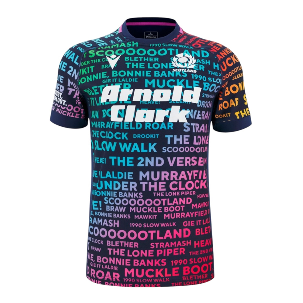 Scotland Men's Words Training Rugby Jersey 2025–26 – Macron Rainbow Shirt